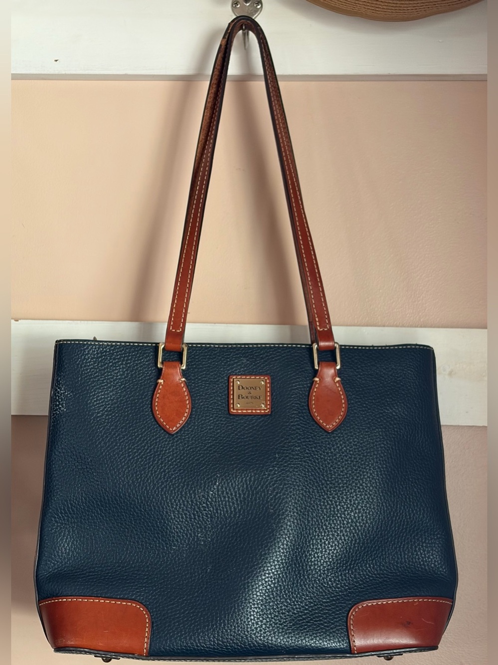 Dooney & Bourke - Navy Leather Tote with Brown Trim and Straps